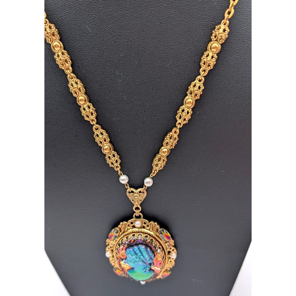 Vintage West Germany Iridescent Glass Cameo Necklace Gold Tone Faux Pearl Ornate
